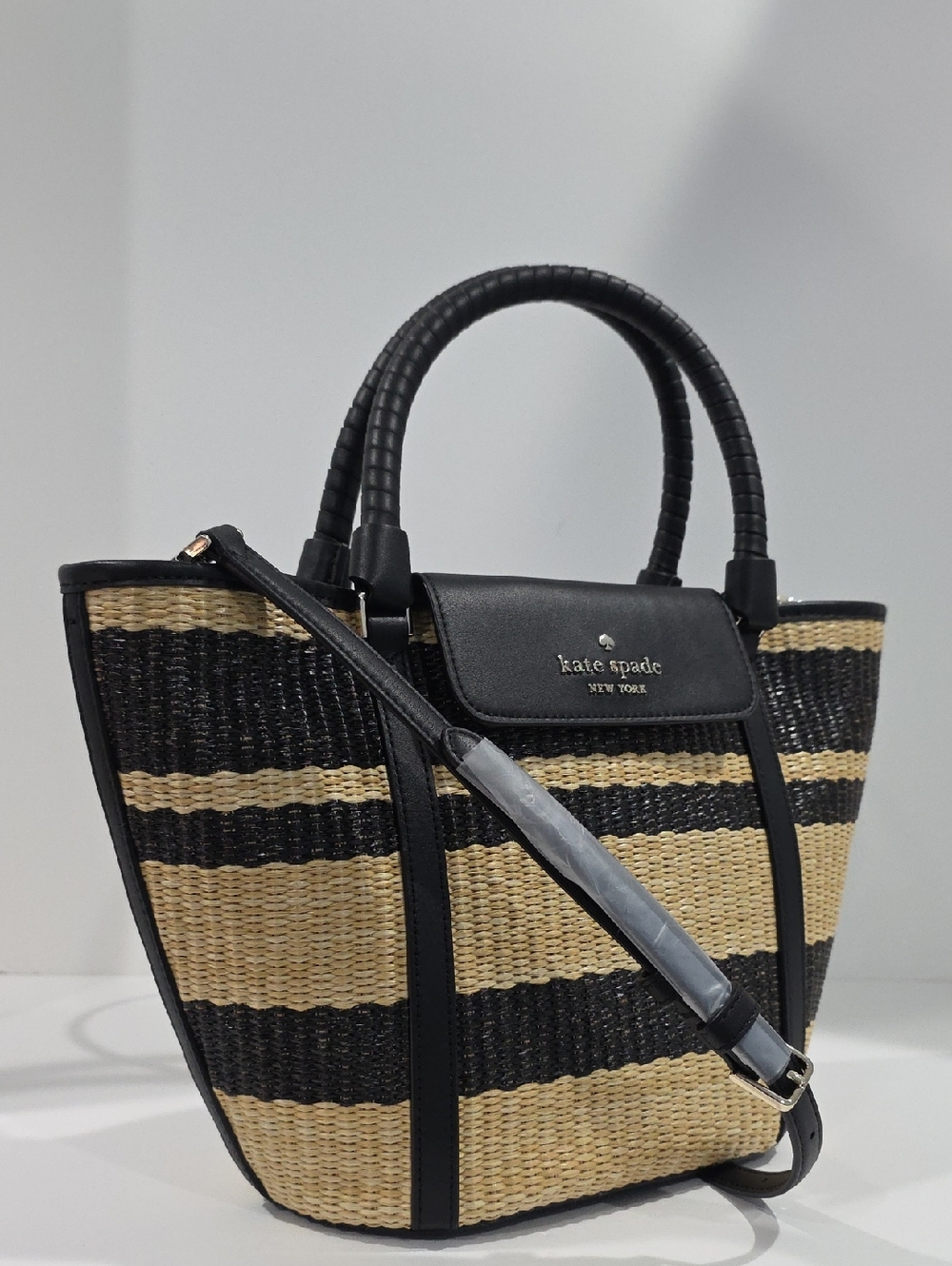 NEW ☑️ Kate Spade CRUISE Medium Tote Raffia & Black leather - Picture 3 of 16